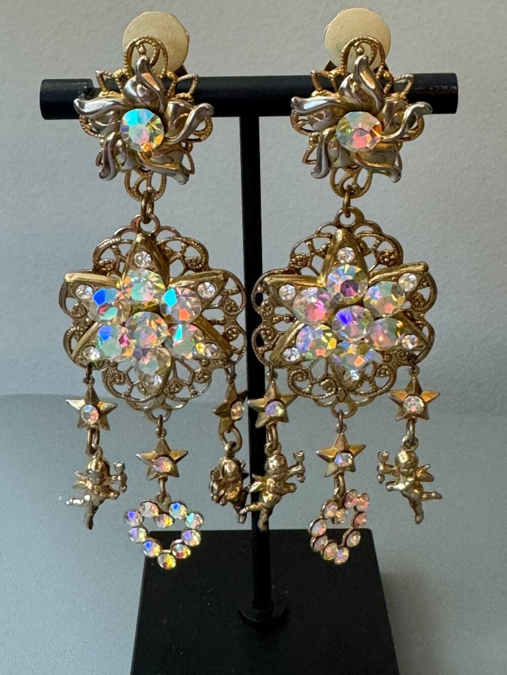 Stunning Vintage Celestial Cupid Chandelier Clip On Earrings